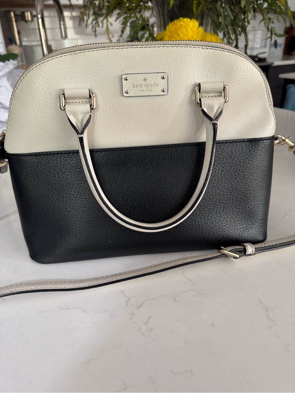 kate spade Black and Cream Dome Satchel with Convertible Strap